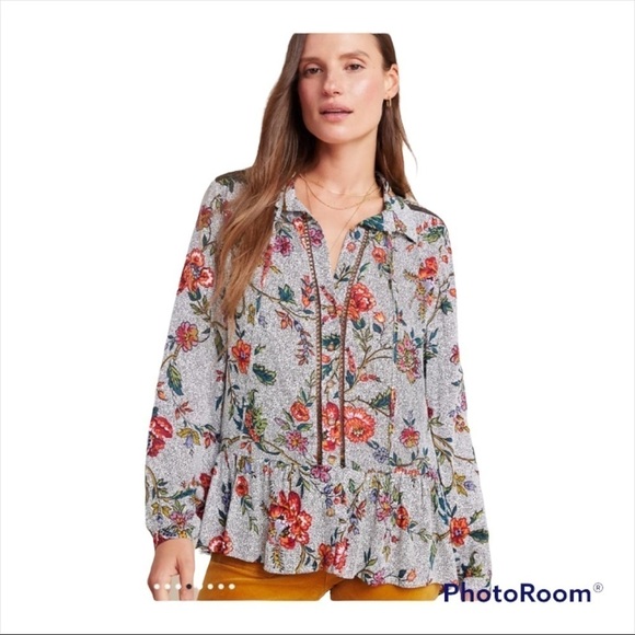 MAEVE x ANTHROPOLOGIE Janie Floral Flounced Long Sleeve Peasant Top Size 0/XS - Picture 2 of 9